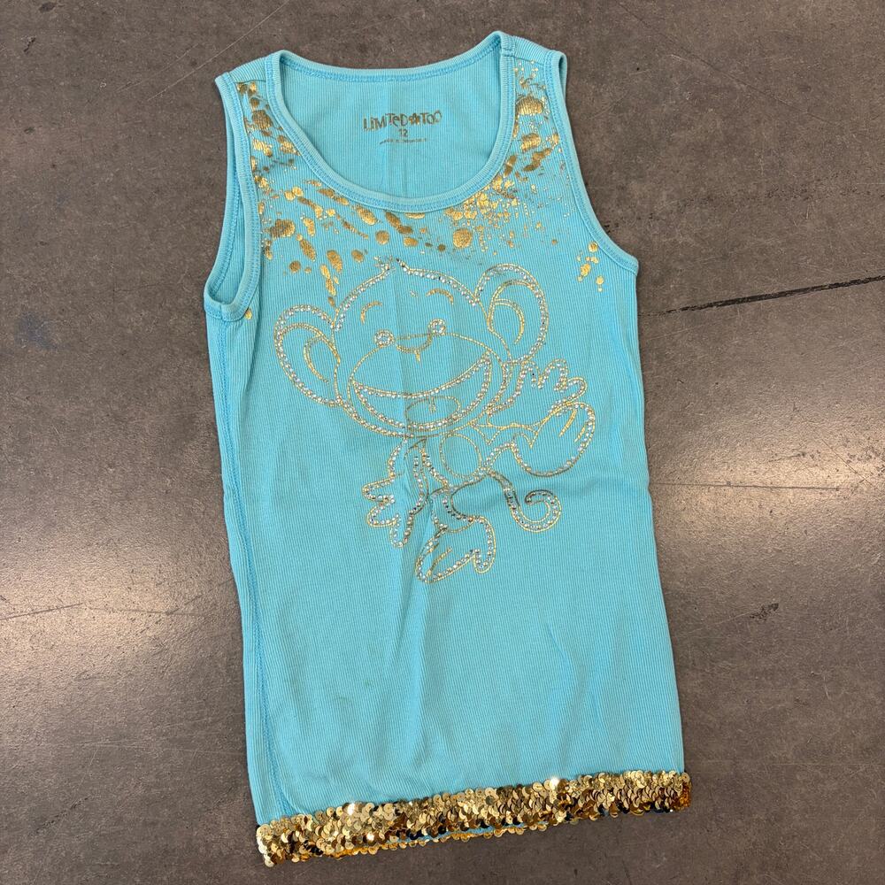 Vintage Y2k Limited Too Monkey Sequin Mcbling Gold Teal Ribbed Knit Tank Top 12
